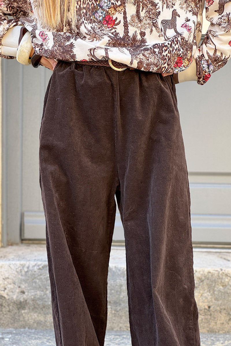 Brown Corduroy Paperbag Waist Pants with Woven Belt