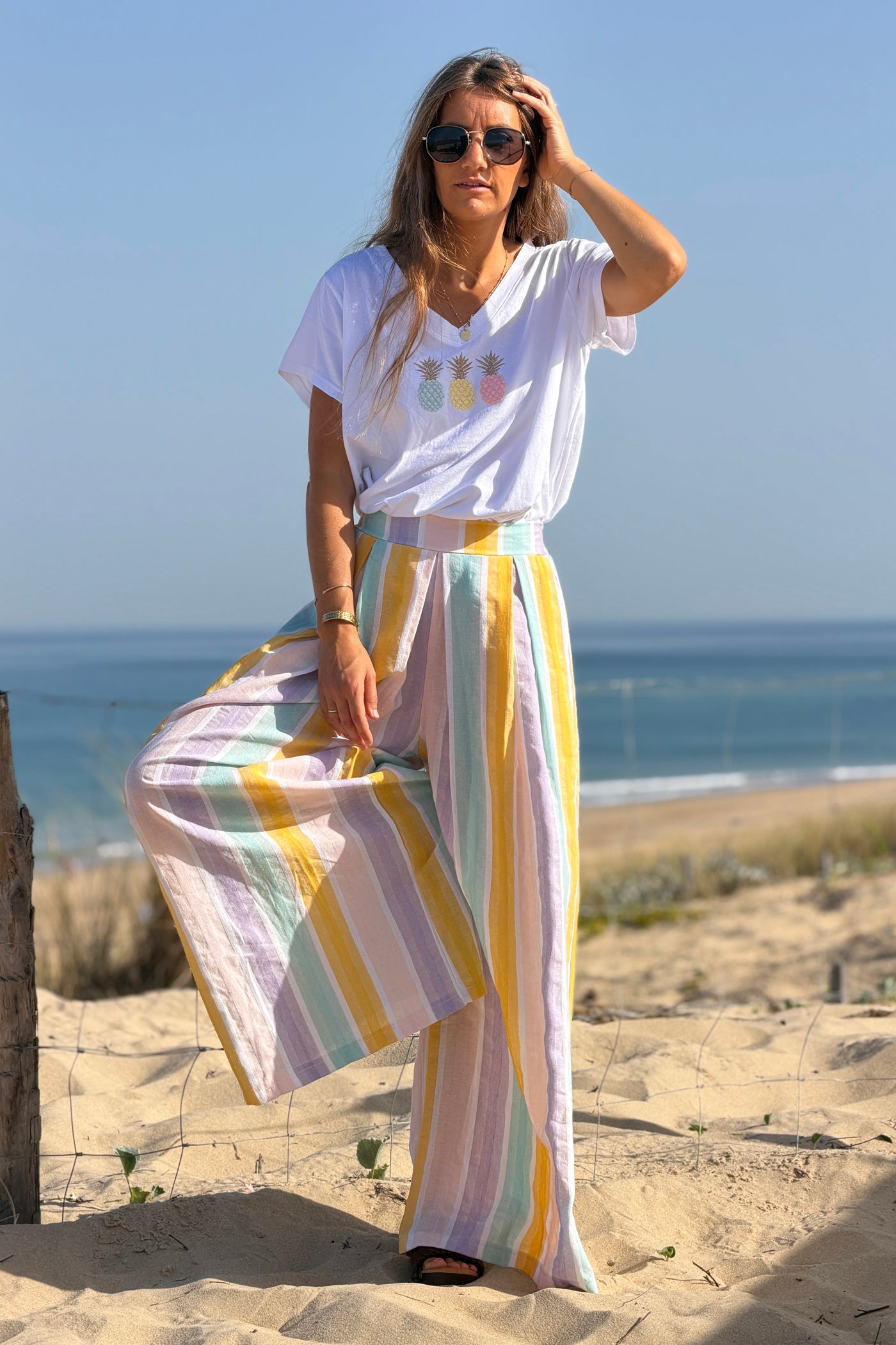 Pantalon extra large en coton rayures pastel jaune et violet taille élastique
