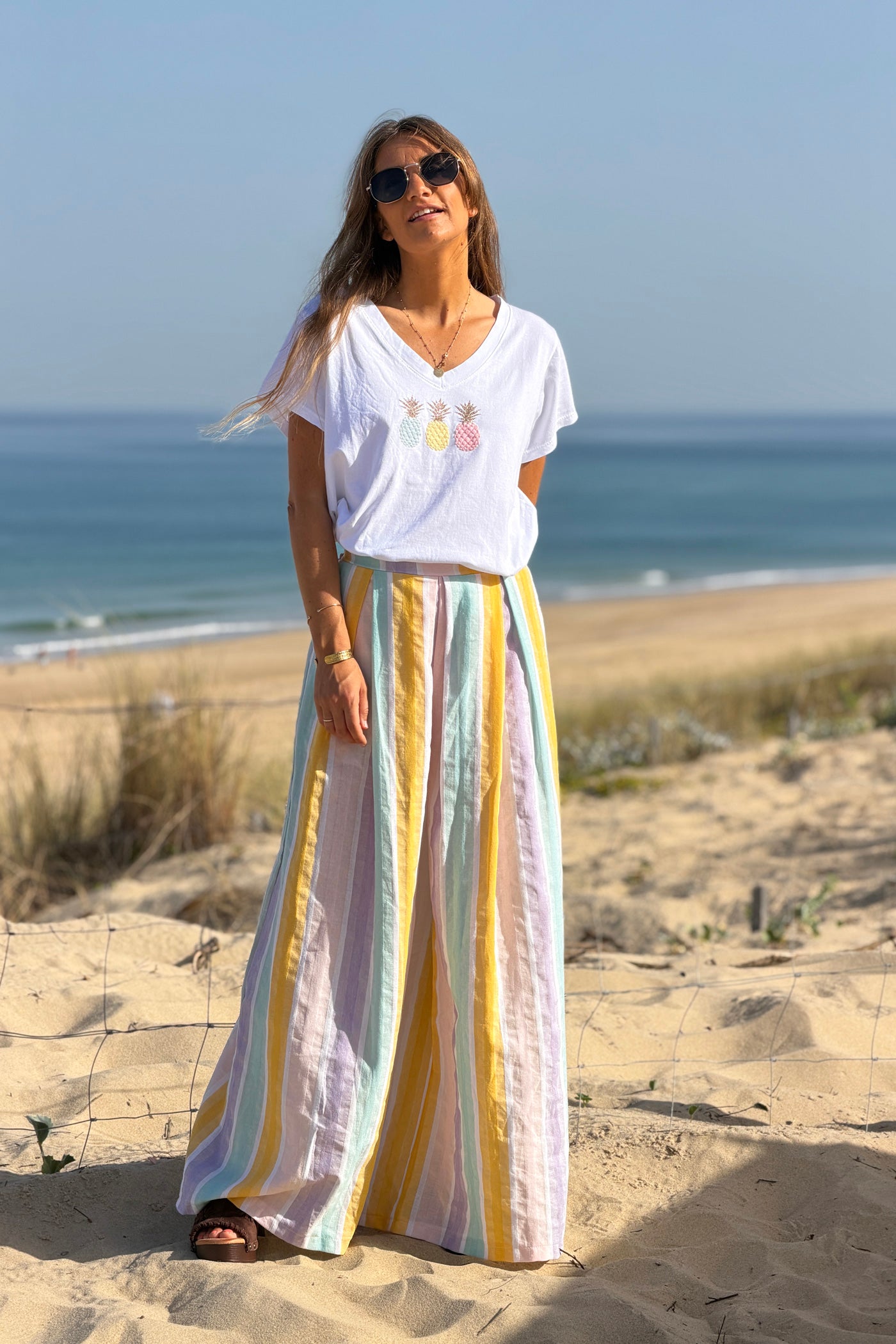 Pantalon extra large en coton rayures pastel jaune et violet taille élastique
