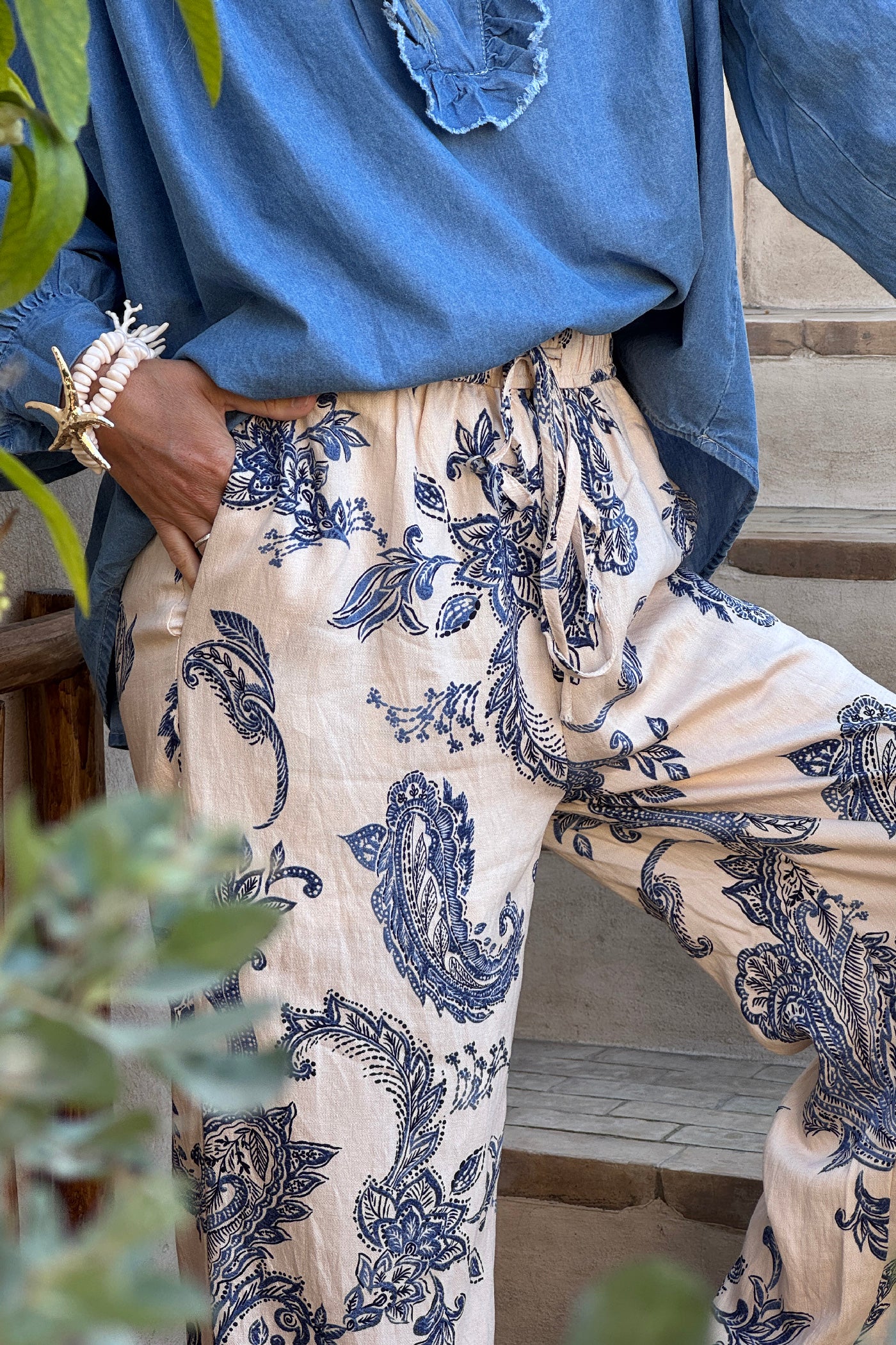 Cream Paisley Viscose Pull-On Pants