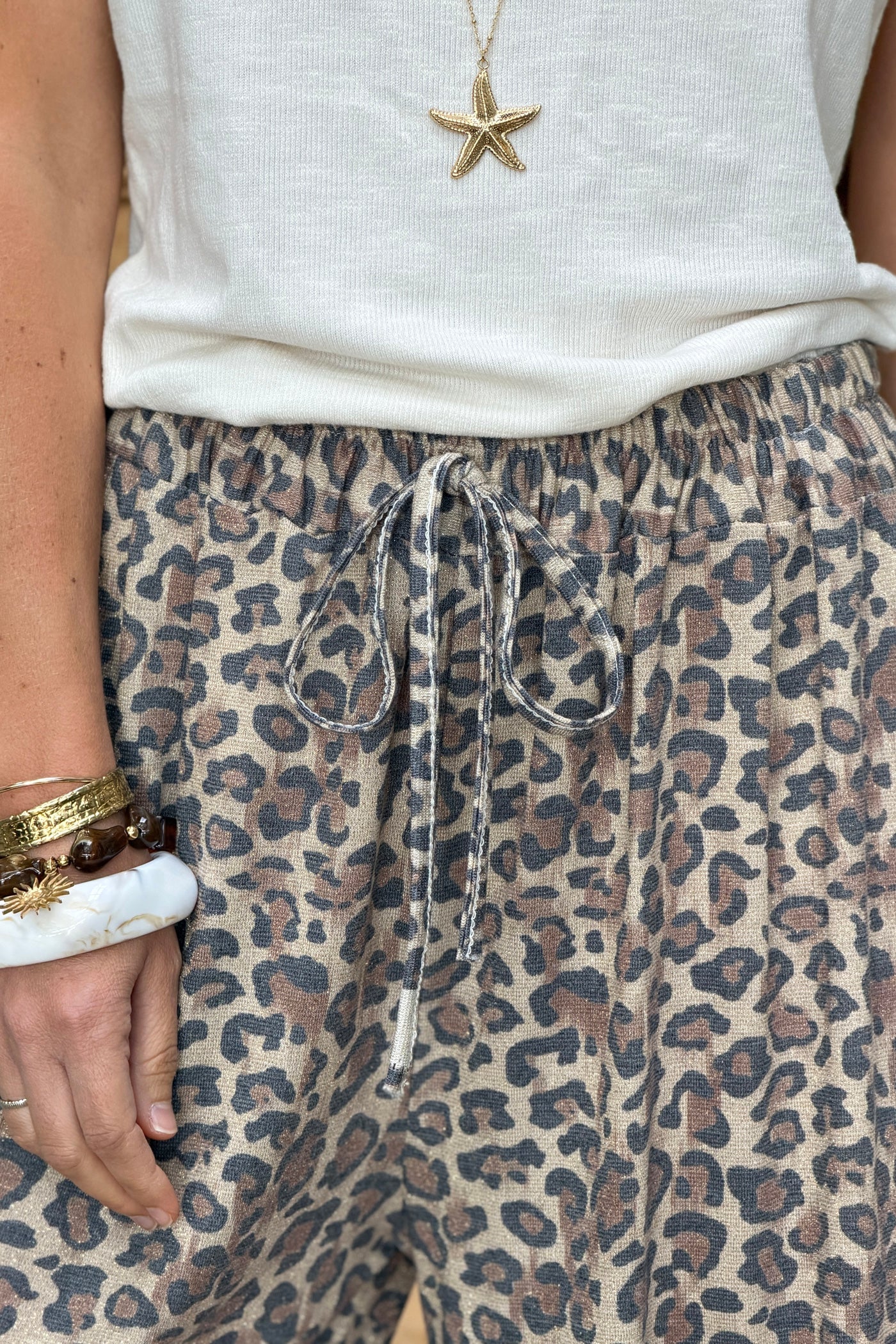 Pantalon fluide et large brillant lurex imprimé léopard taille élastique