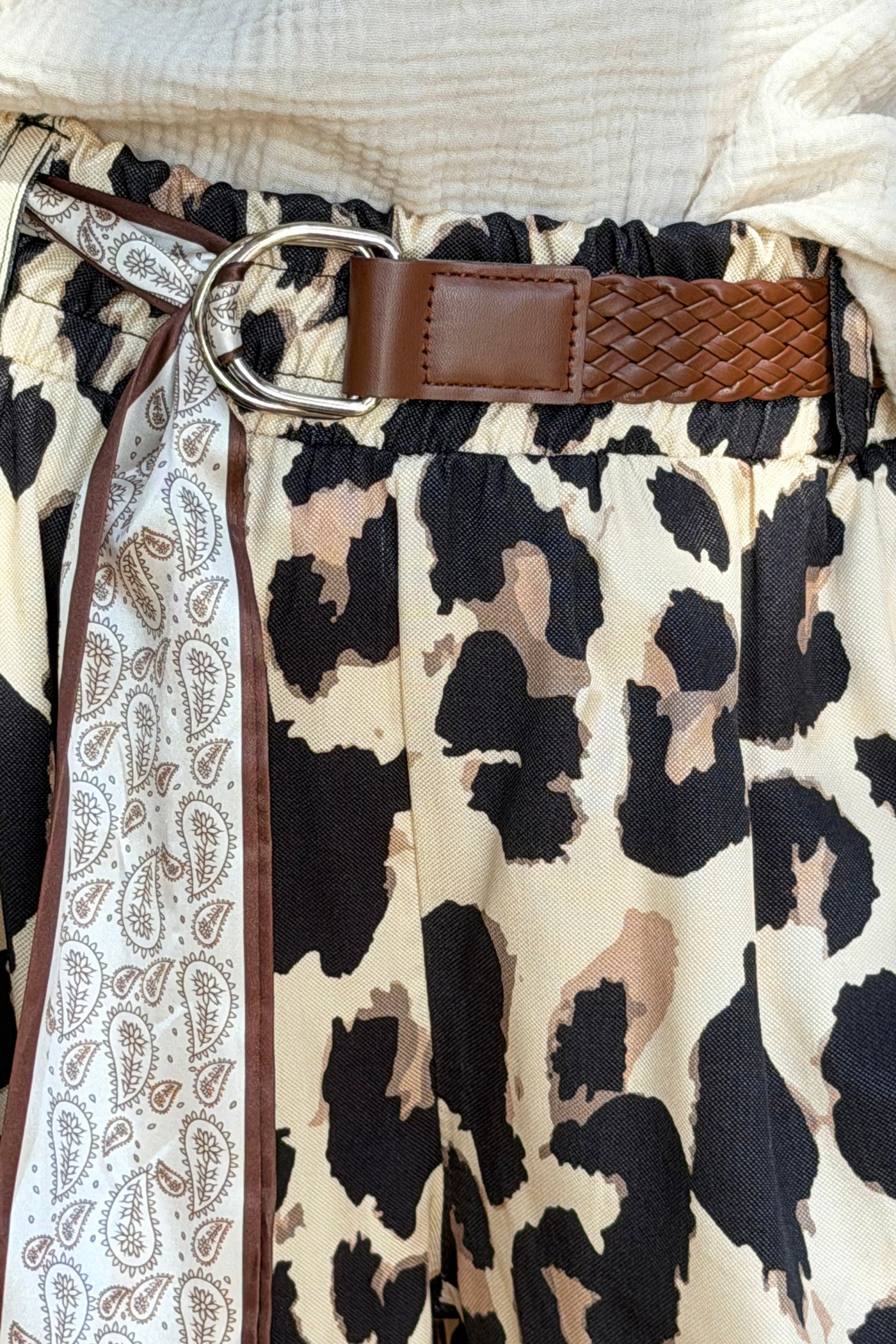 Leopard Print Pull-on Pants with Woven Sash Belt