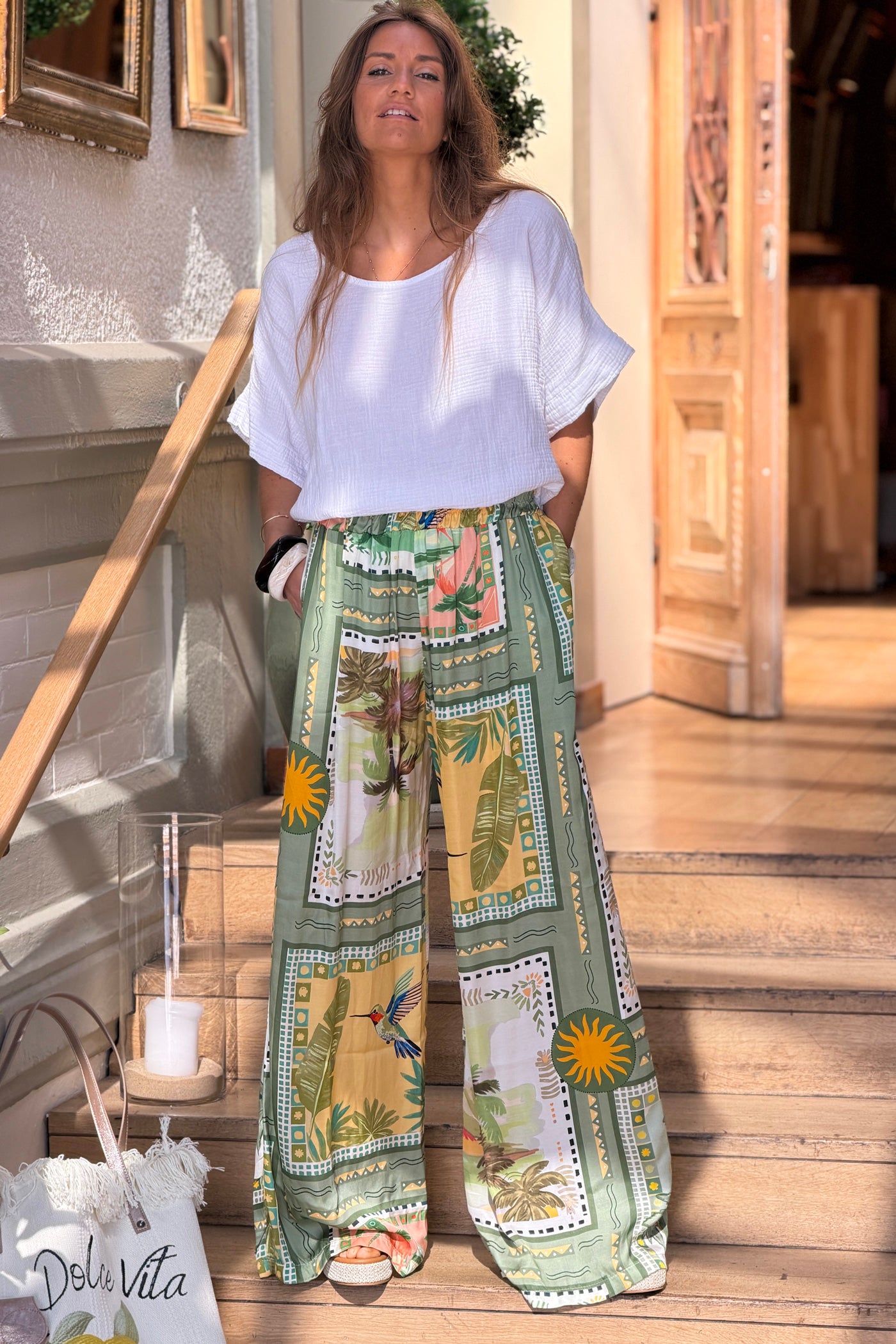 Green Watercolor Palms Pull-On Pants
