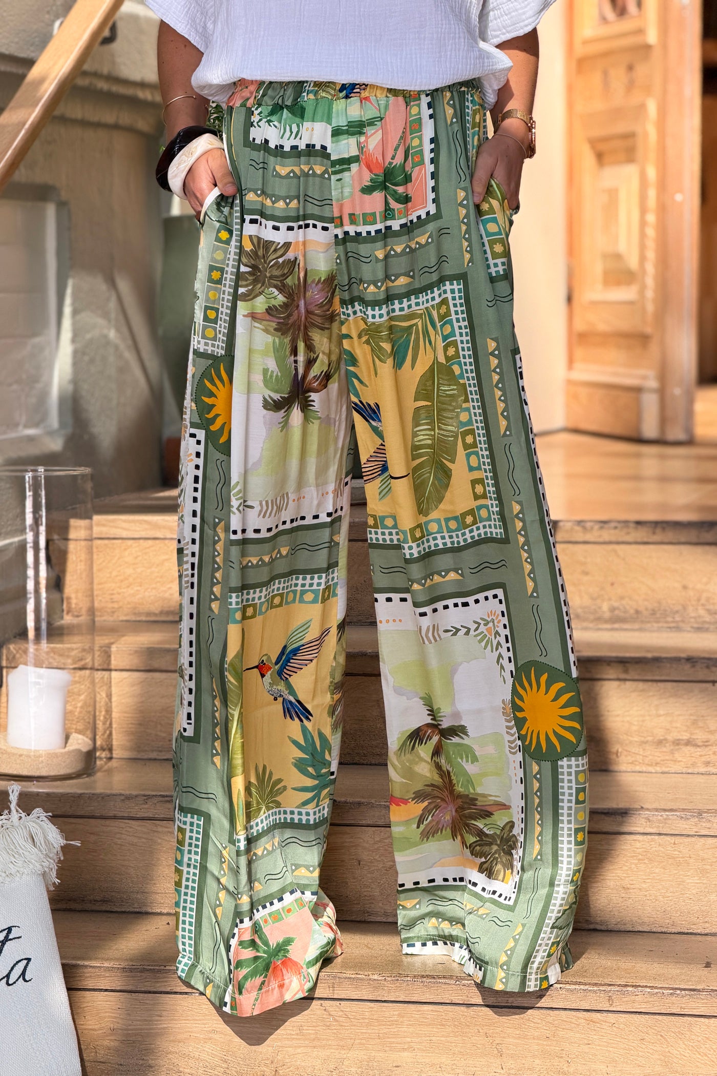 Green Watercolor Palms Pull-On Pants