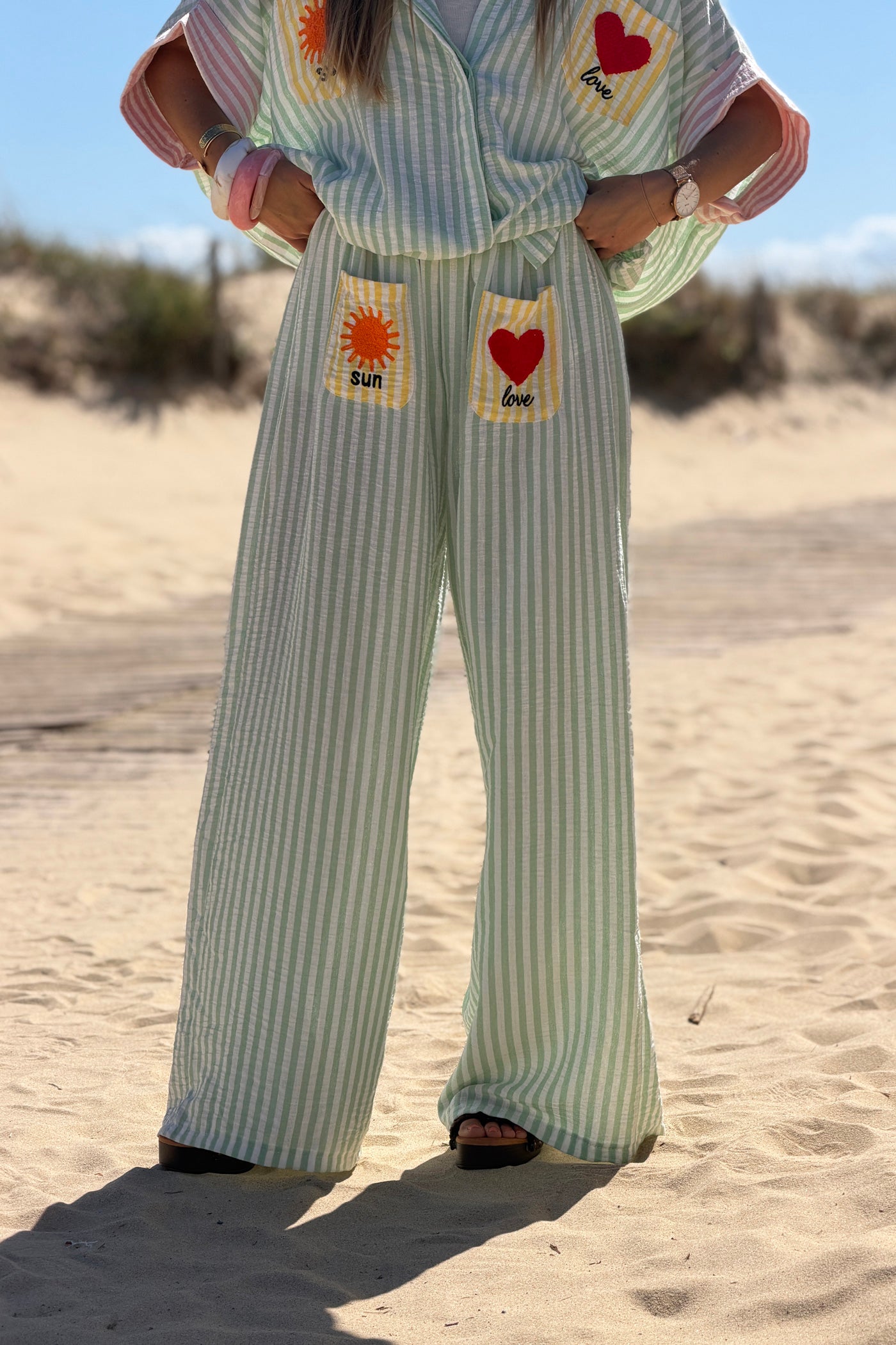 Green Pastel Pinstripe Embroidered Pocket Pants