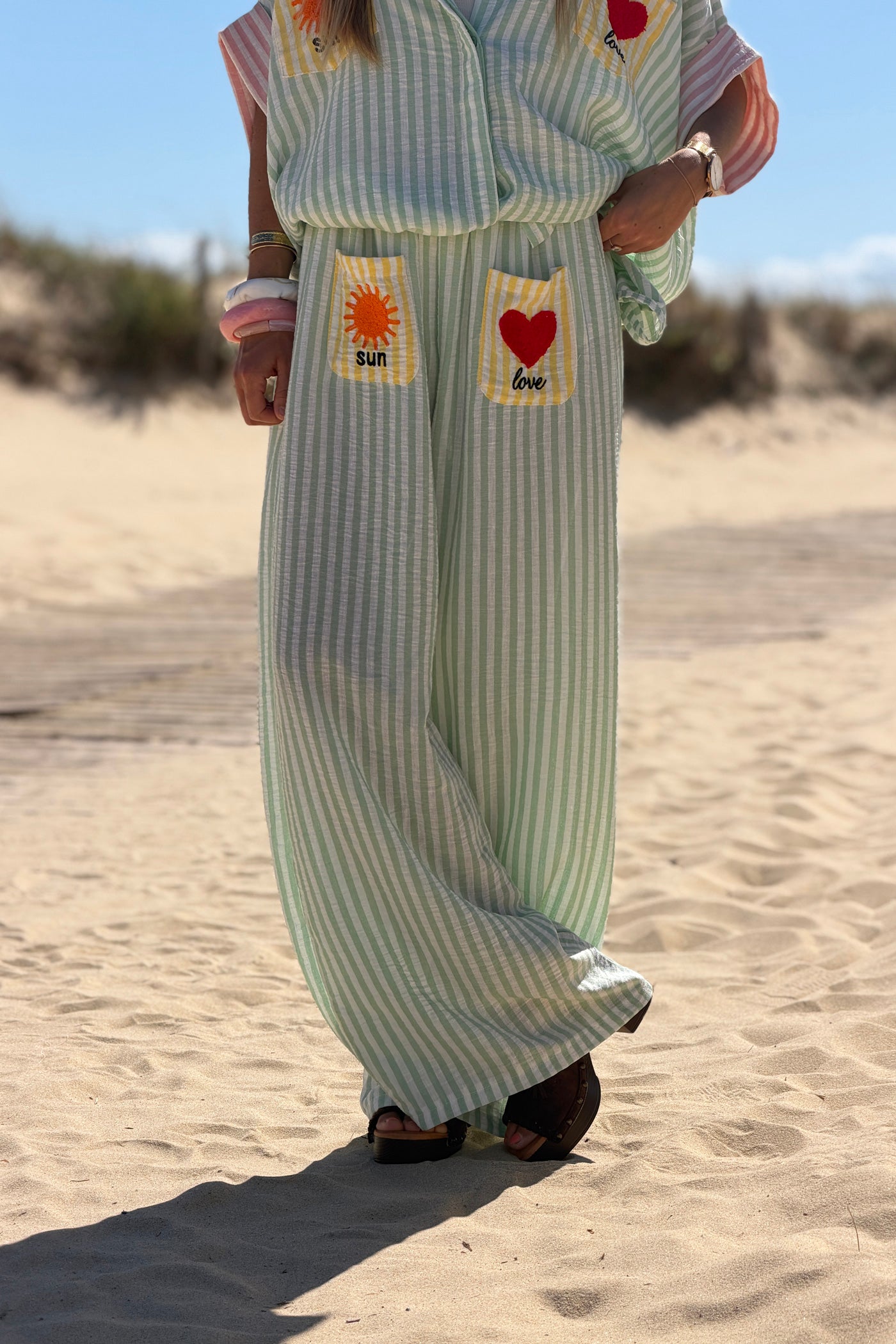 Green Pastel Pinstripe Embroidered Pocket Pants