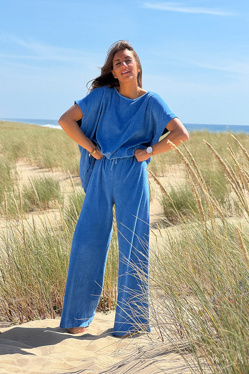 Pantalon large wide leg bleu roi et confort en éponge ceinture élastique