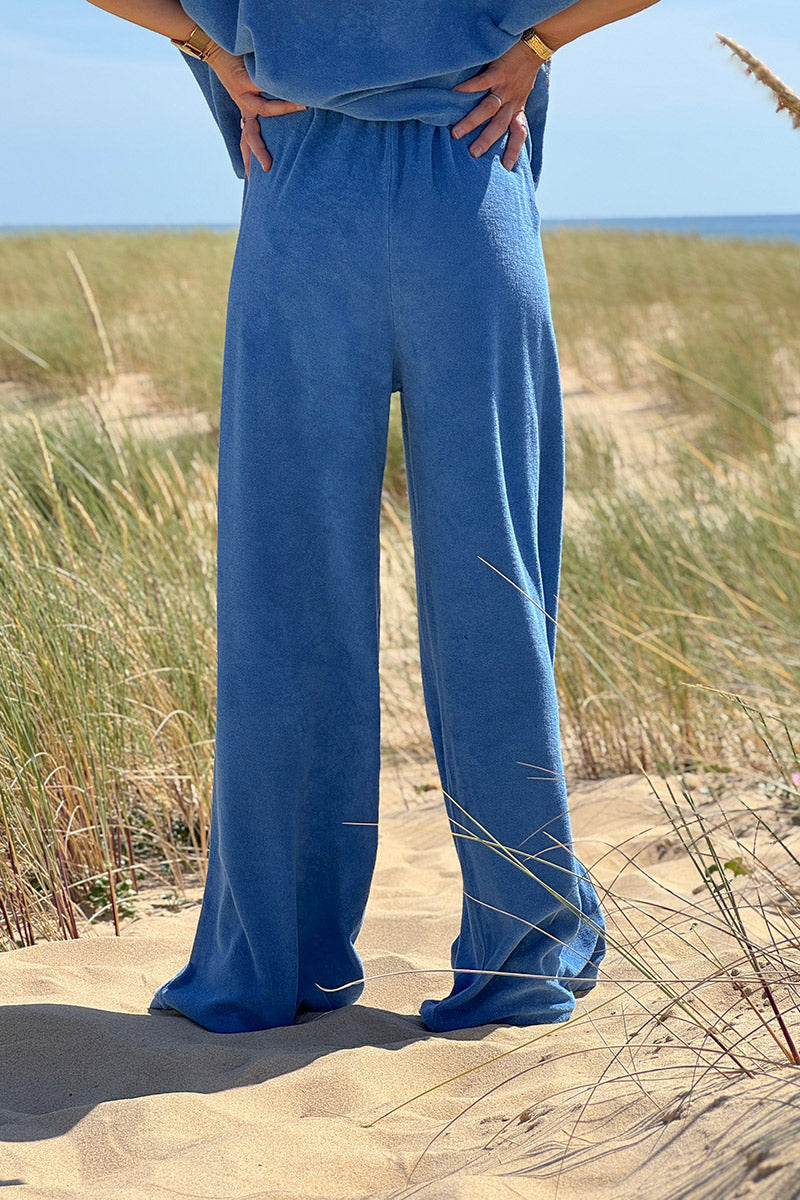 Pantalon large wide leg bleu roi et confort en éponge ceinture élastique