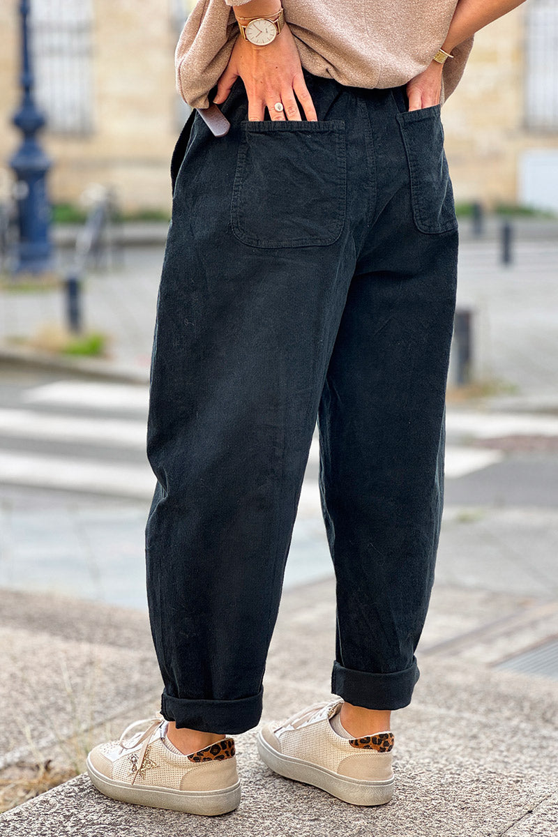 Black Corduroy Carpenter Pants with Belt