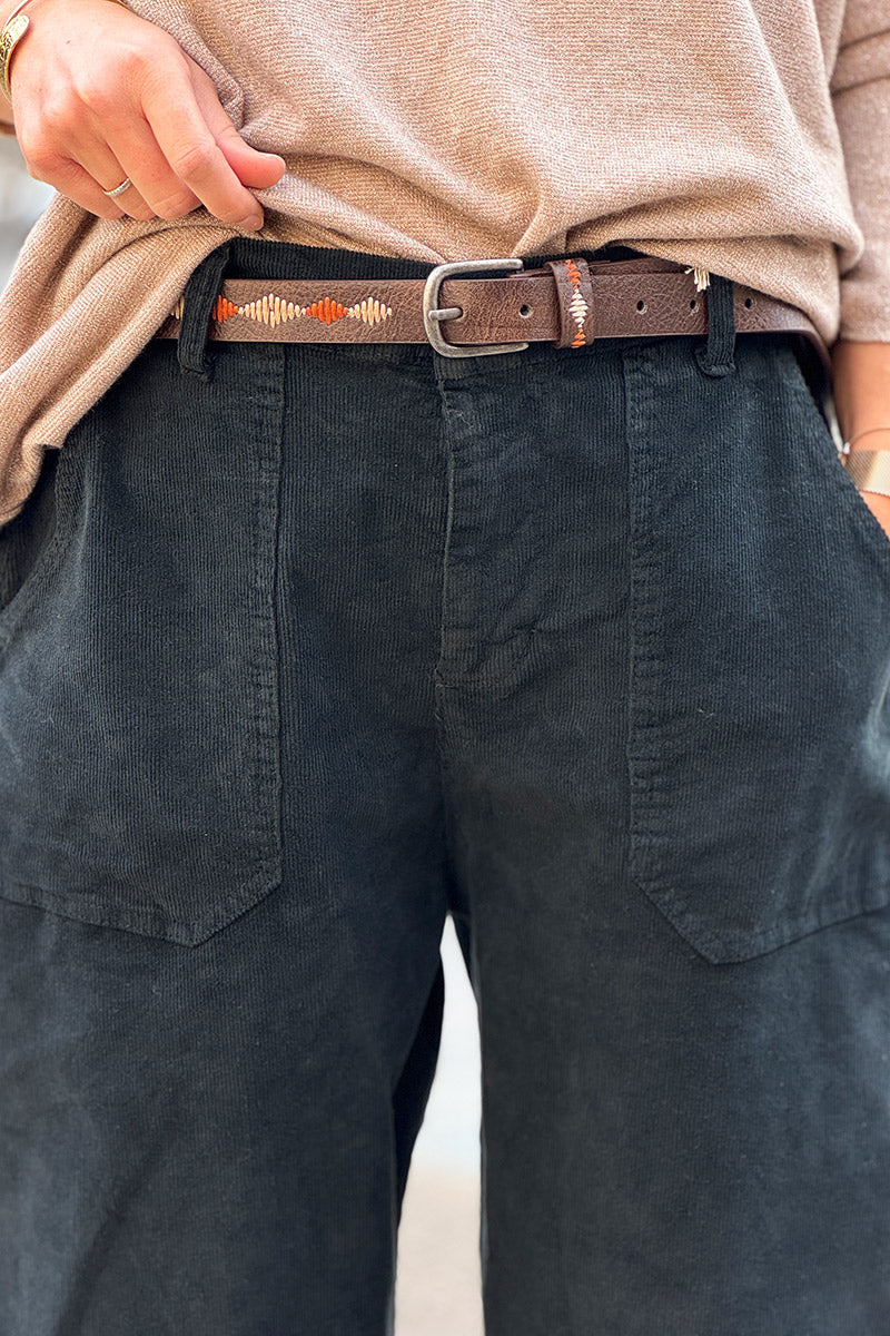 Black Corduroy Carpenter Pants with Belt