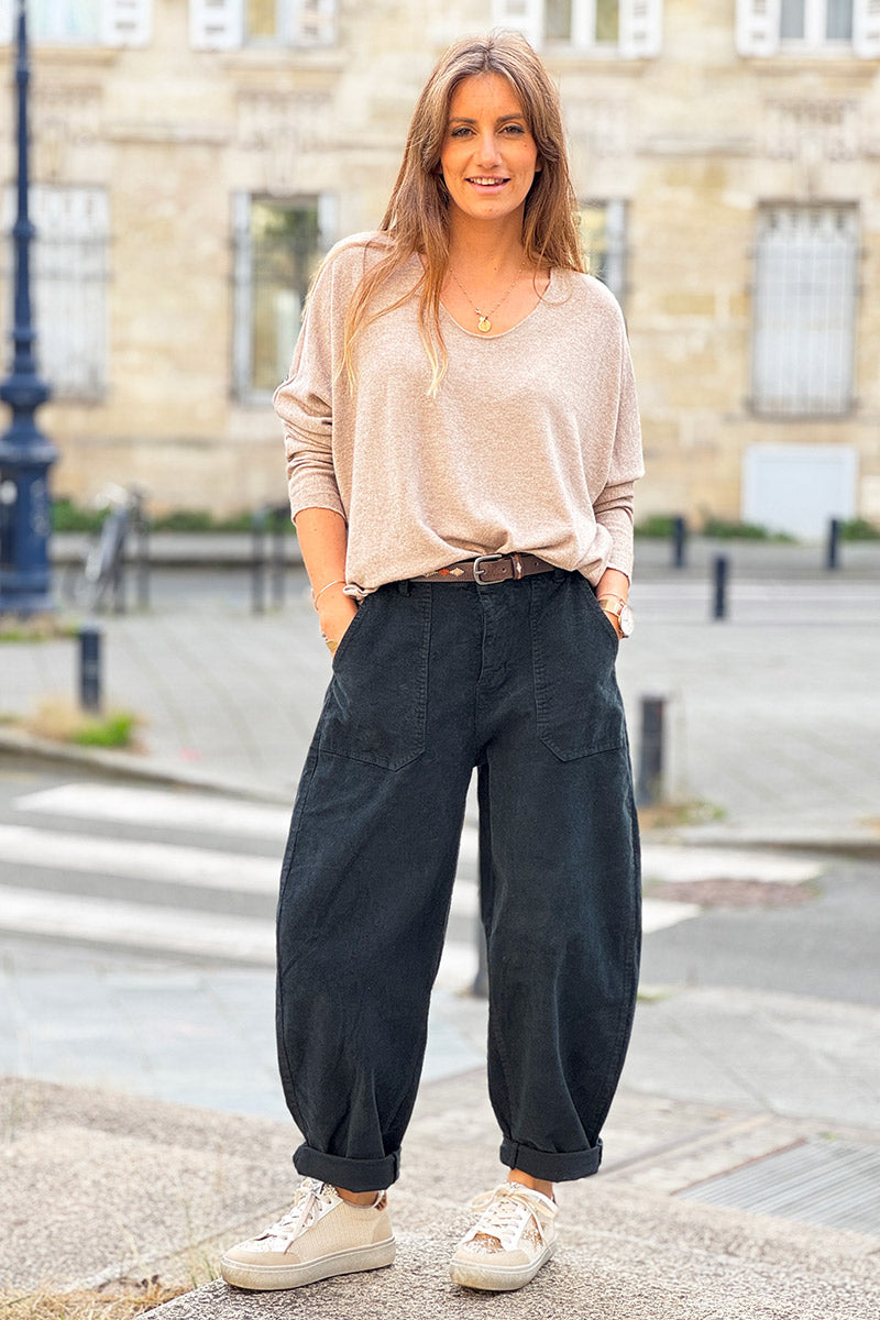 Black Corduroy Carpenter Pants with Belt