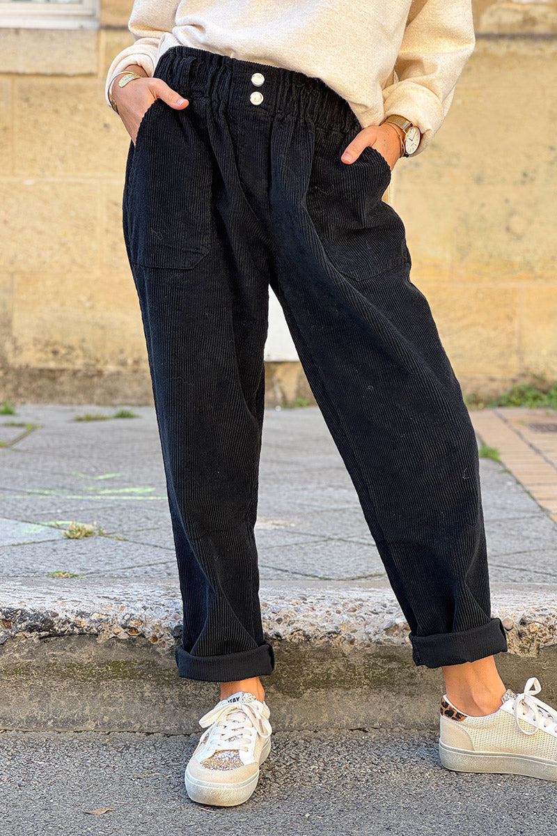 Black Paperbag Waist Corduroys