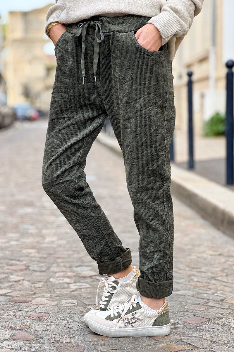Khaki Corduroy Pull-On Trousers