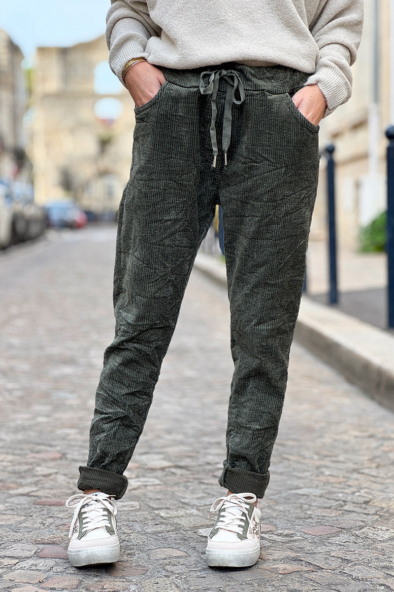 Khaki Corduroy Pull-On Trousers