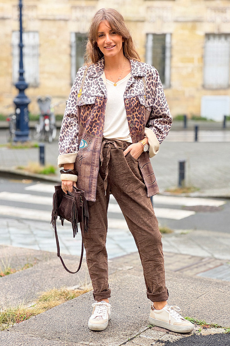 Pantalon stretch marron et confort en velours côtelé à taille élastique