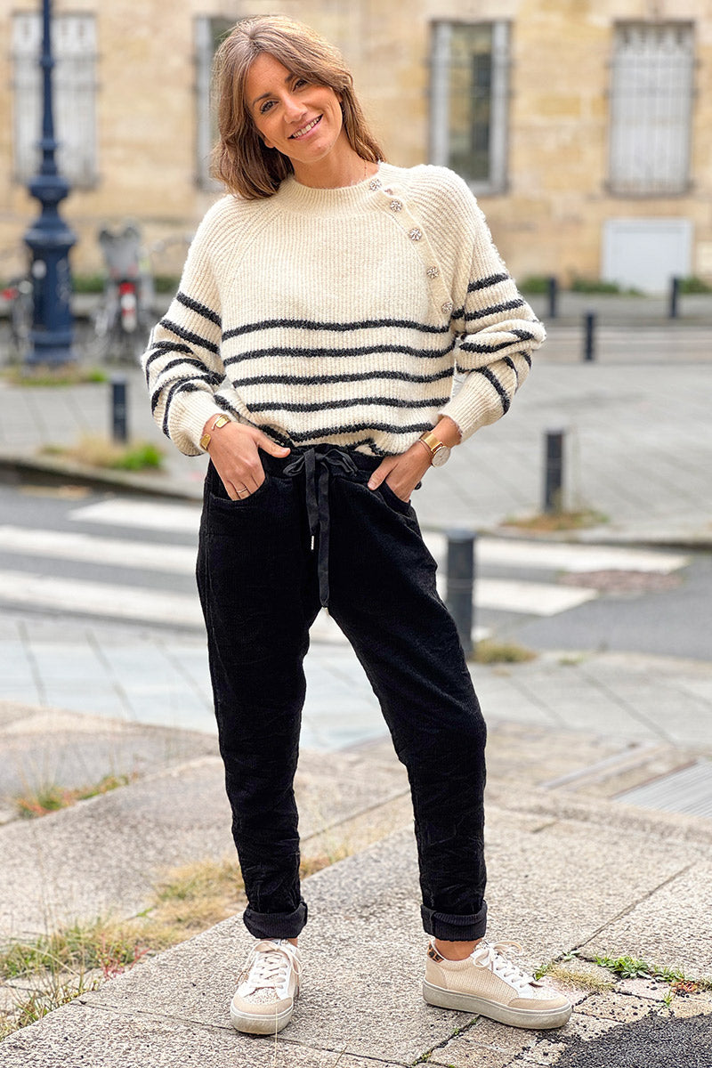 Pantalon stretch noir et confort en velours côtelé à taille élastique