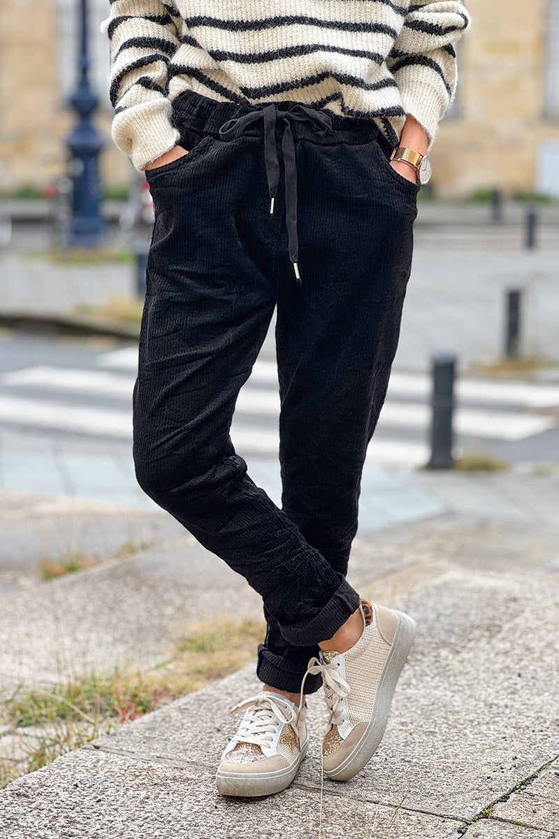 Pantalon stretch noir et confort en velours côtelé à taille élastique