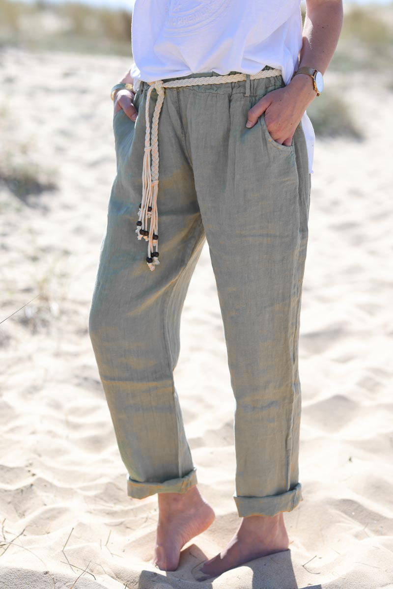 Khaki linen trousers with crochet and wooden beaded belt