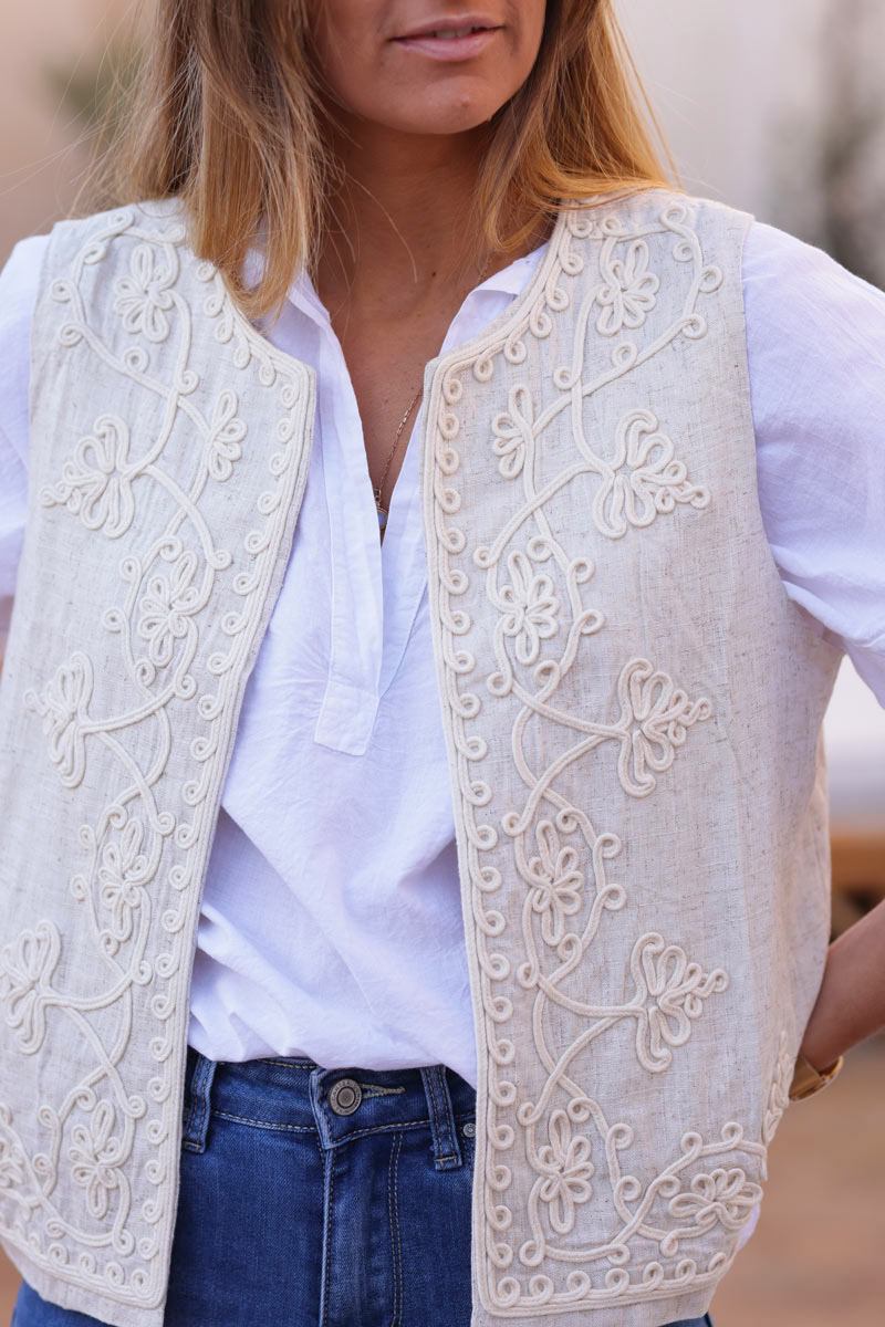 Beige gilet with floral rope embroidery linen cotton blend