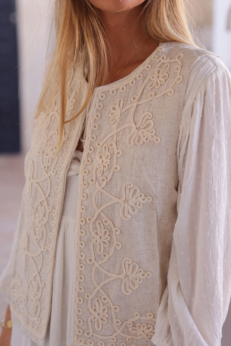 Beige gilet with floral rope embroidery linen cotton blend