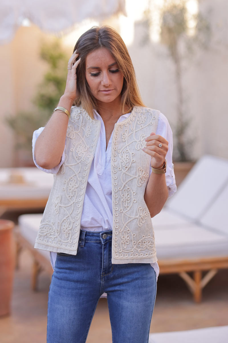 Beige gilet with floral rope embroidery linen cotton blend