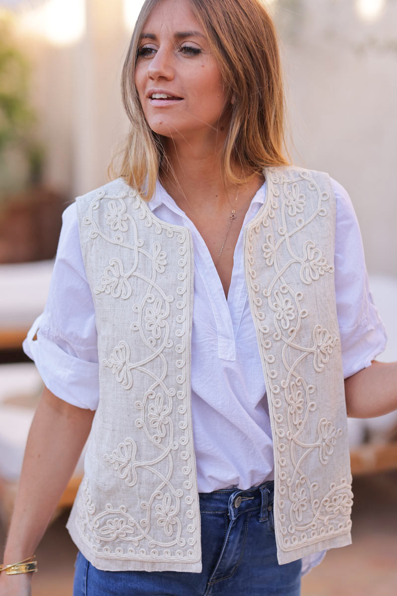 Beige gilet with floral rope embroidery linen cotton blend