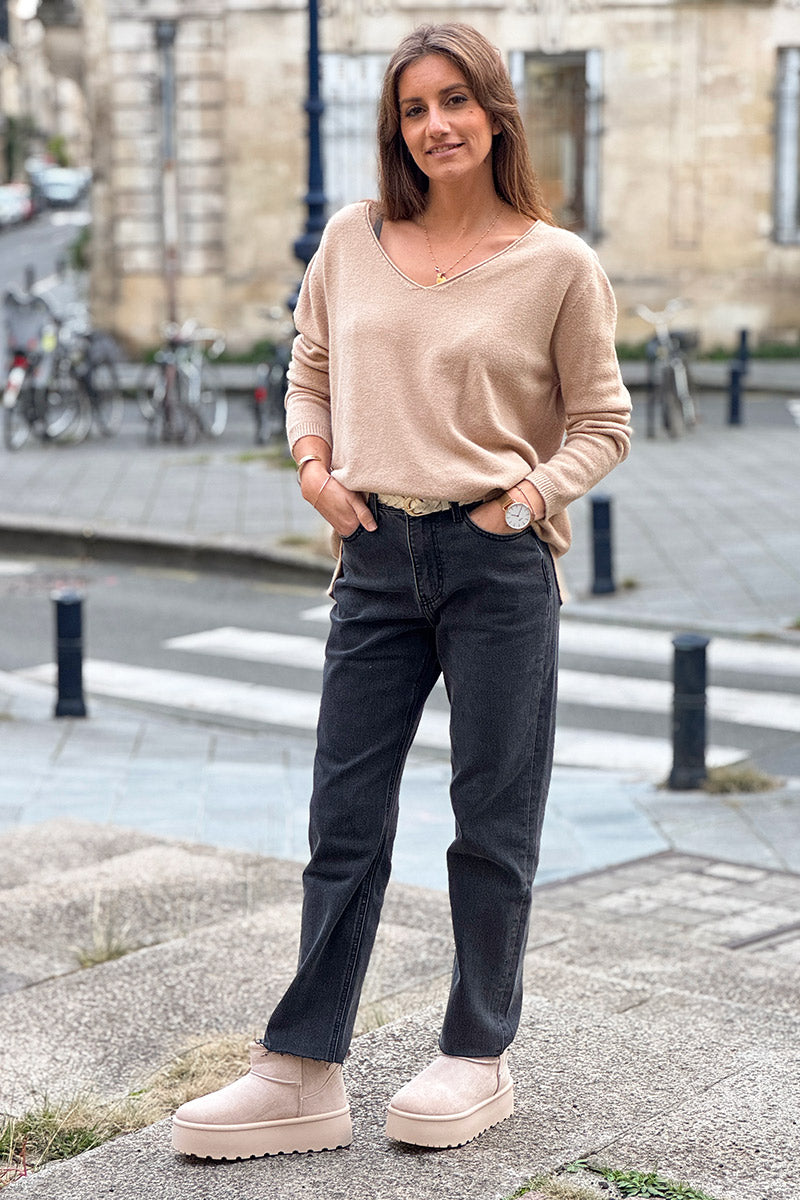 Light Camel Soft Basic V-neck Sweater