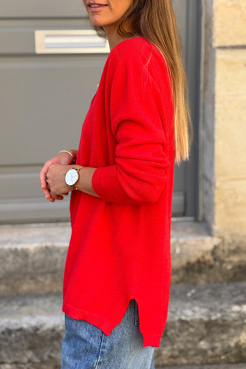 Red Soft Basic V-neck Sweater