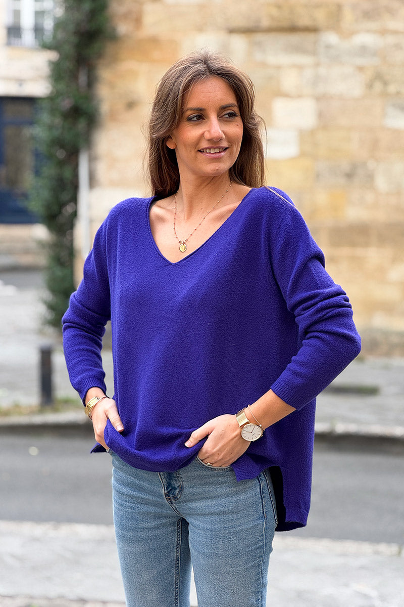 Suéter básico suave de color morado con cuello en V