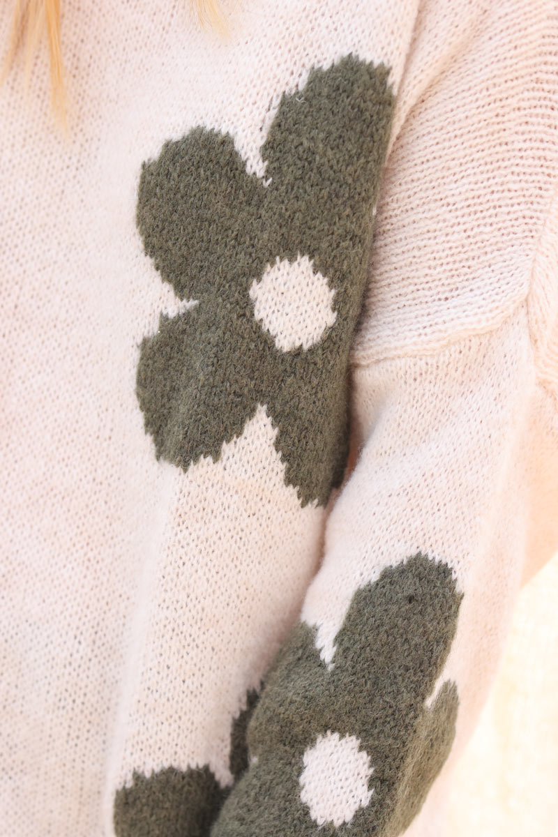 Jersey ancho beige jaspeado con flores caqui