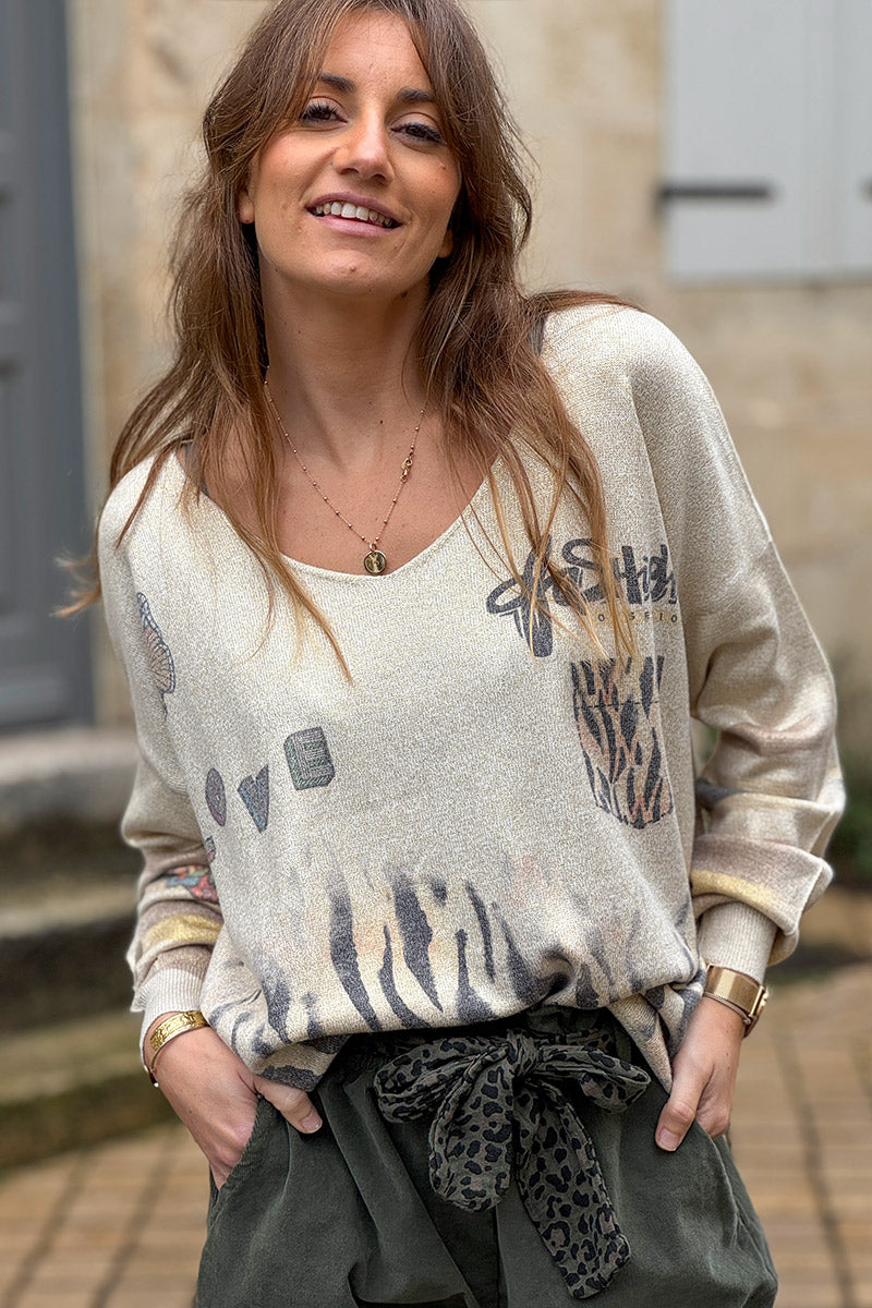 Beige Glitter Knit Tigress Sweater