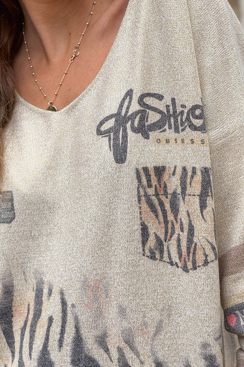Beige Glitter Knit Tigress Sweater