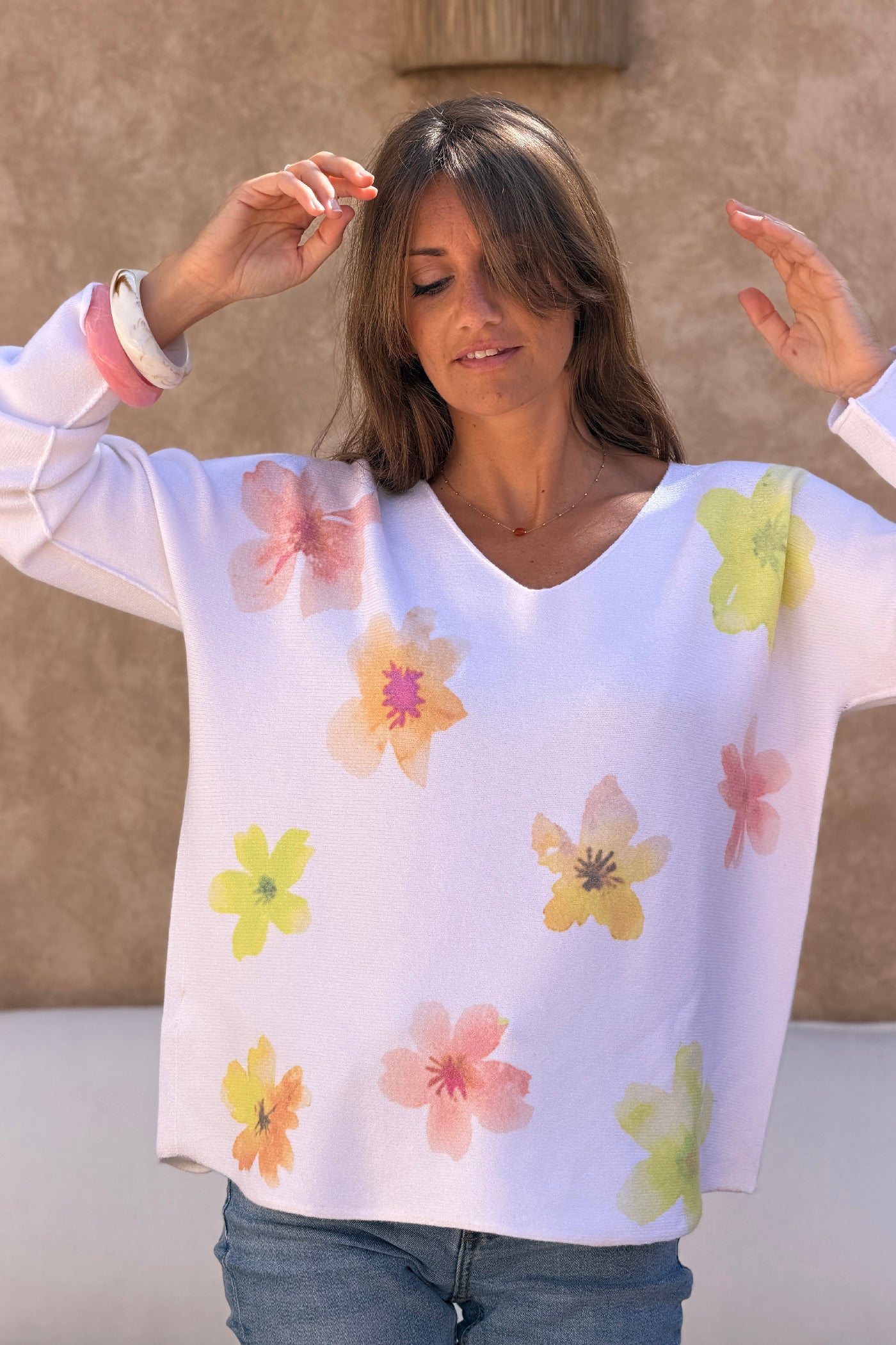 Yellow Hibiscus Knit V-Neck Top
