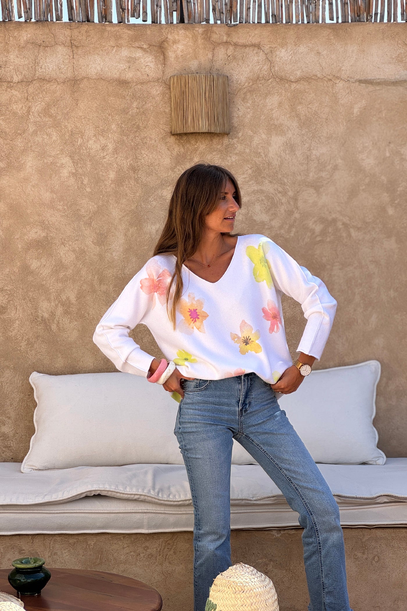 Yellow Hibiscus Knit V-Neck Top