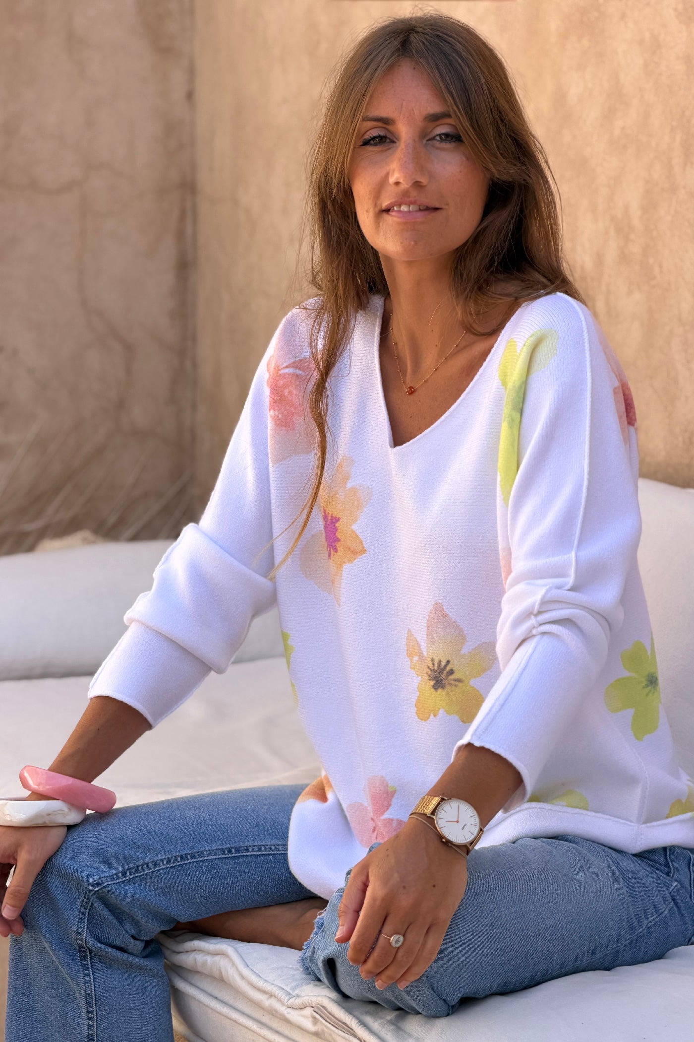 Yellow Hibiscus Knit V-Neck Top