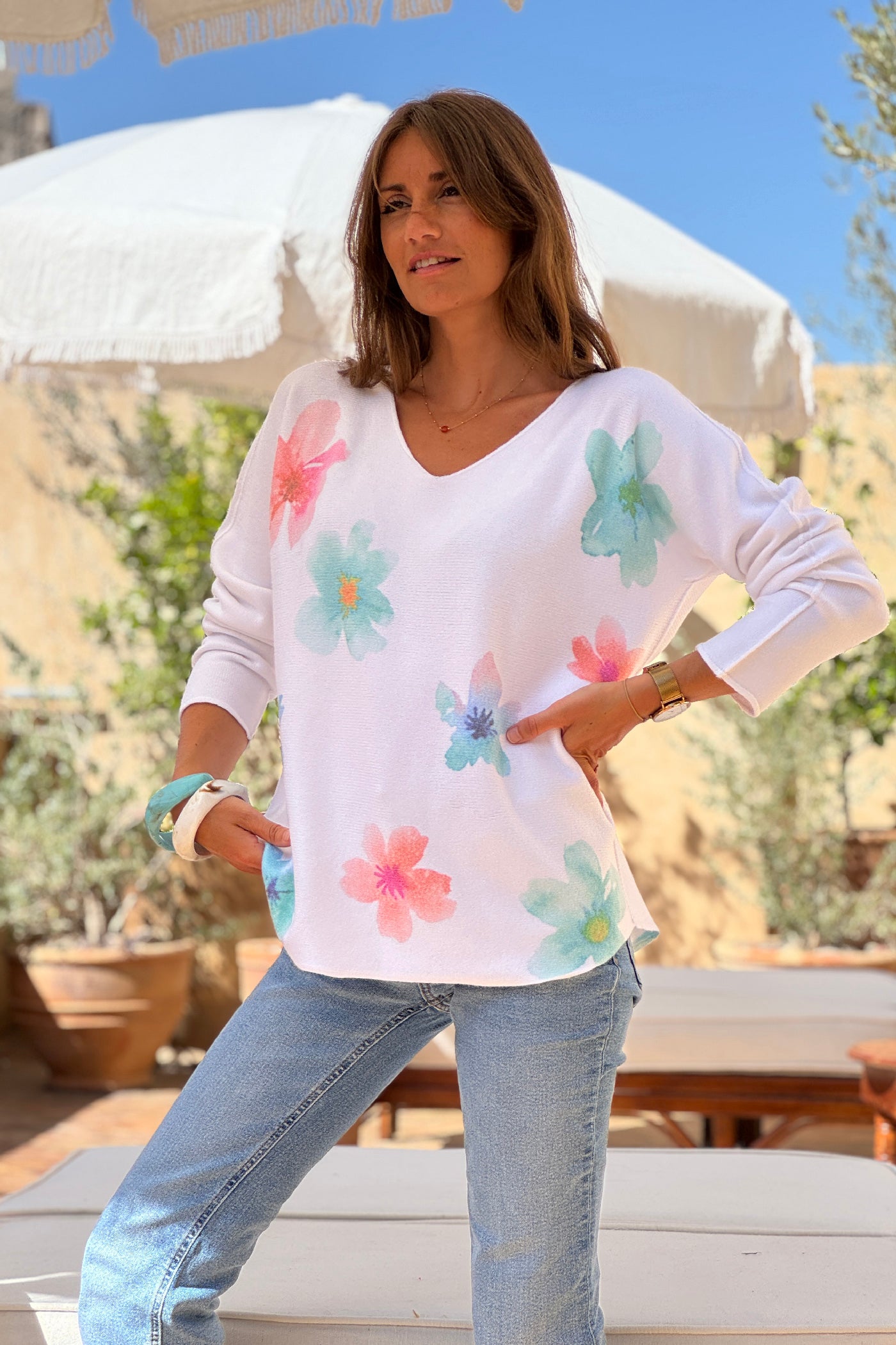 Blue Hibiscus Knit V-Neck Top