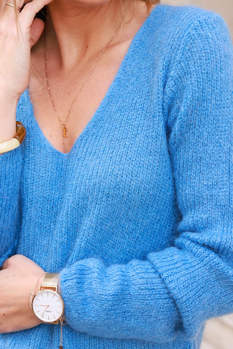 Slim fit v-neck dusty blue mohair blend sweater