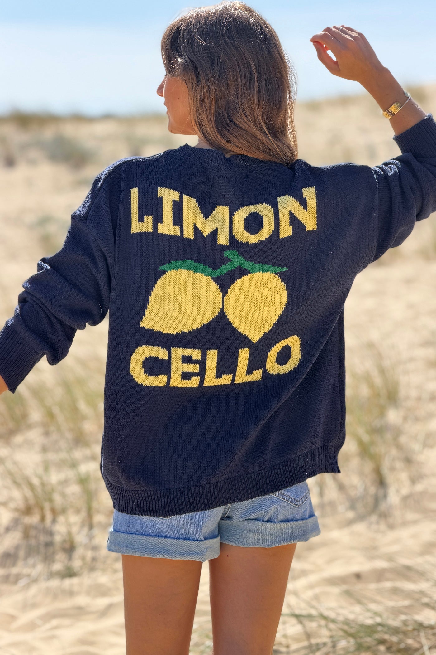 Pull bleu marine en maille d'été coton mélangé Limoncello citrons
