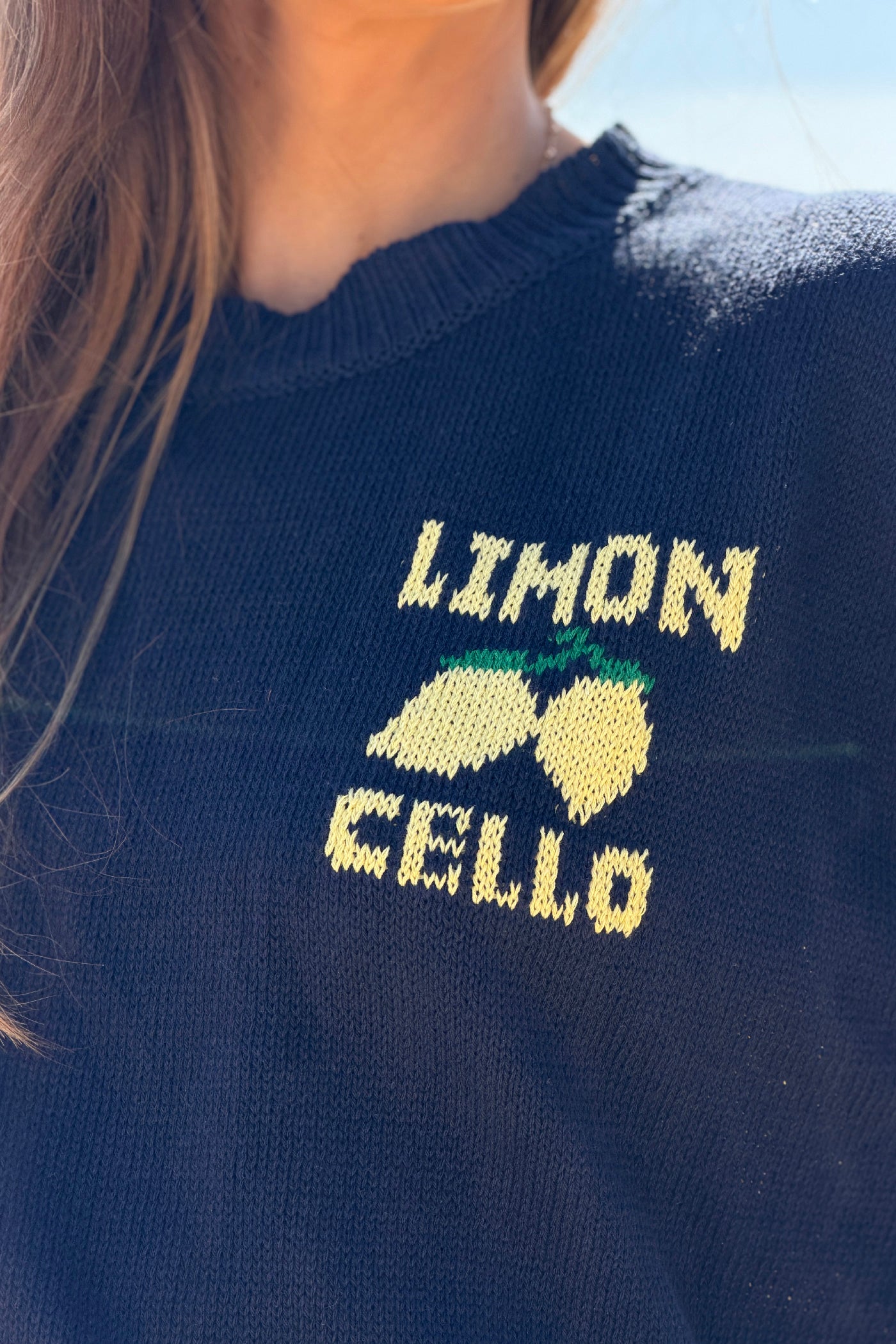 Pull bleu marine en maille d'été coton mélangé Limoncello citrons