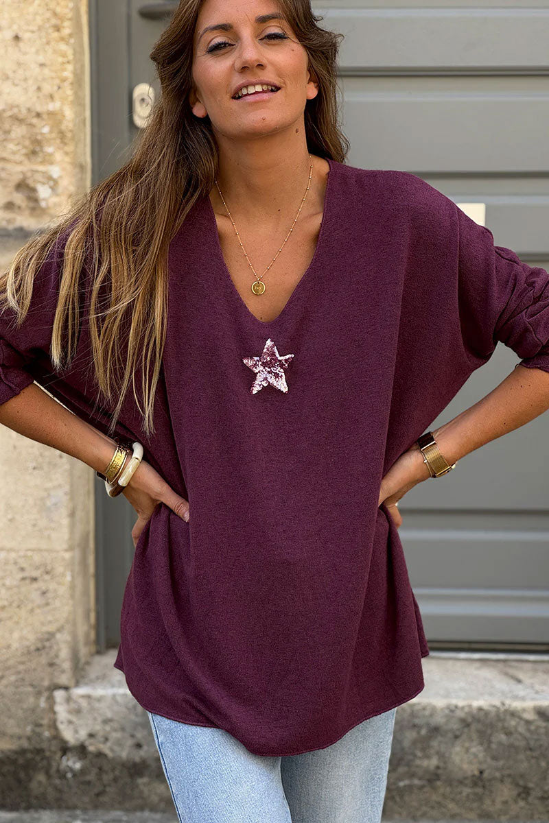 Burgundy v-neck small star sequin sweater