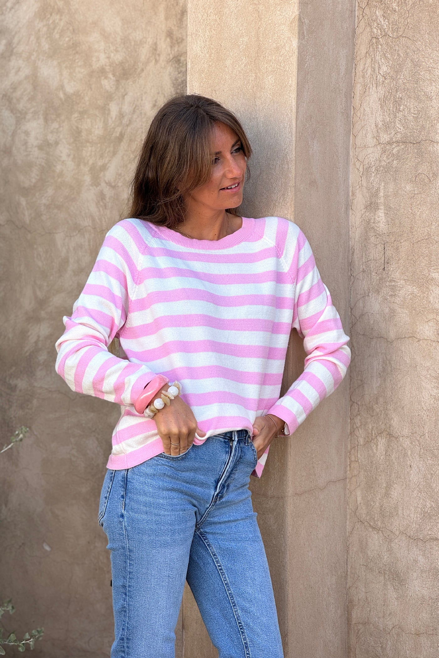 Pink Striped Boat Neck Sweater