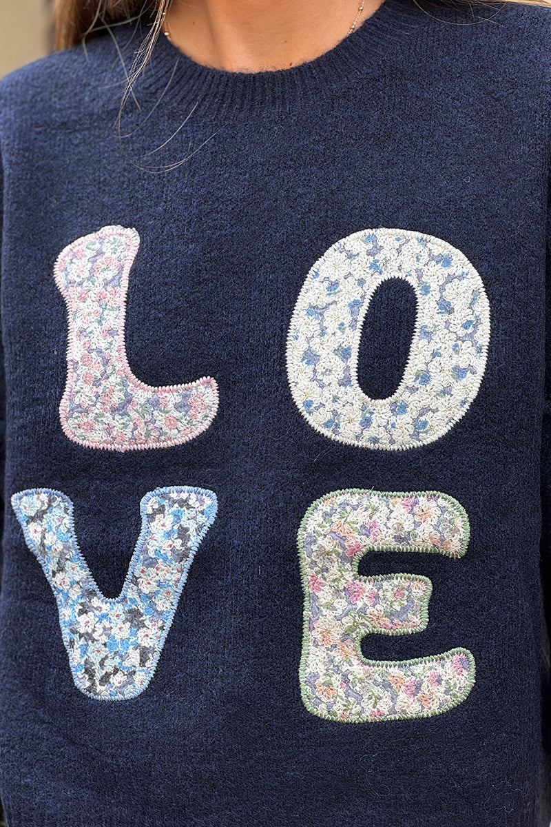 Navy blue LOVE Shabby Chic Knit Sweater