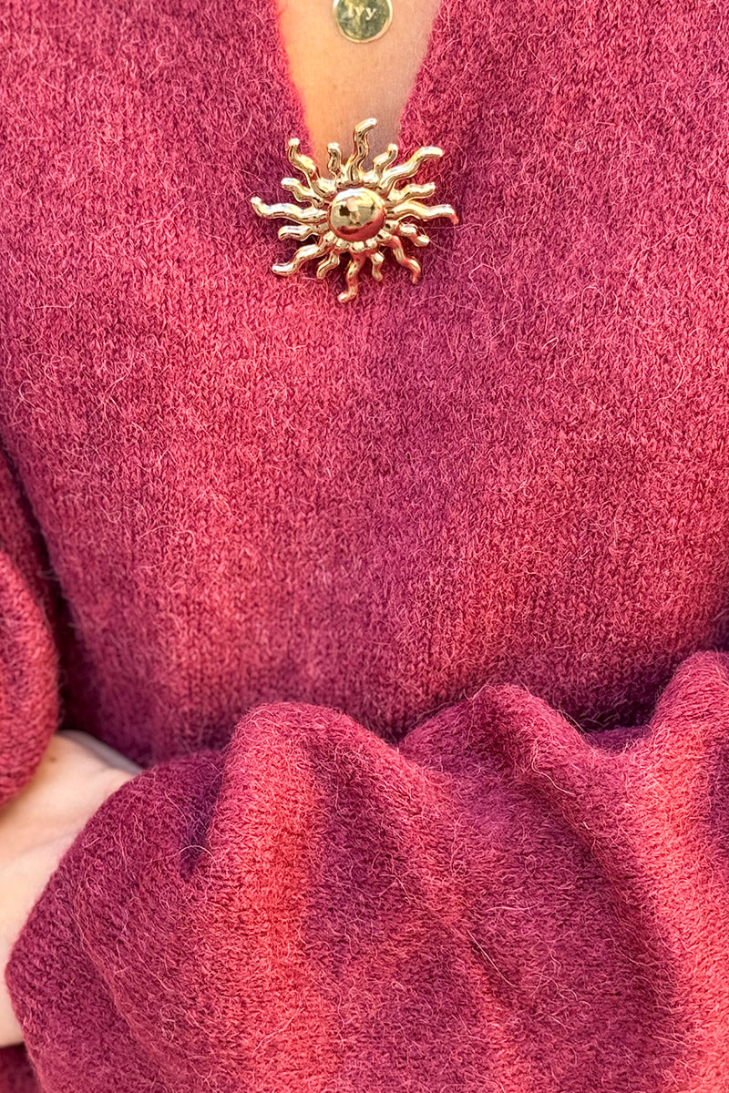 Burgundy Collared Fuzzy Knit Sweater with Sun Brooch