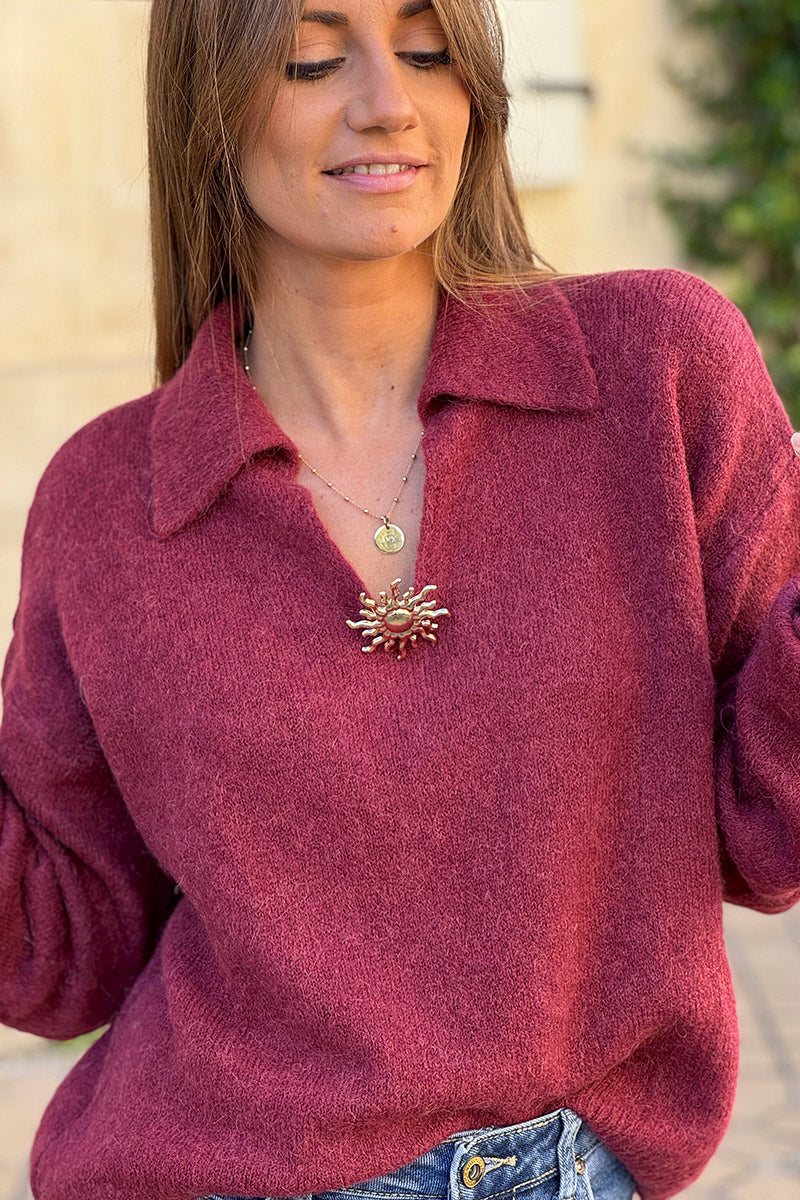 Burgundy Collared Fuzzy Knit Sweater with Sun Brooch