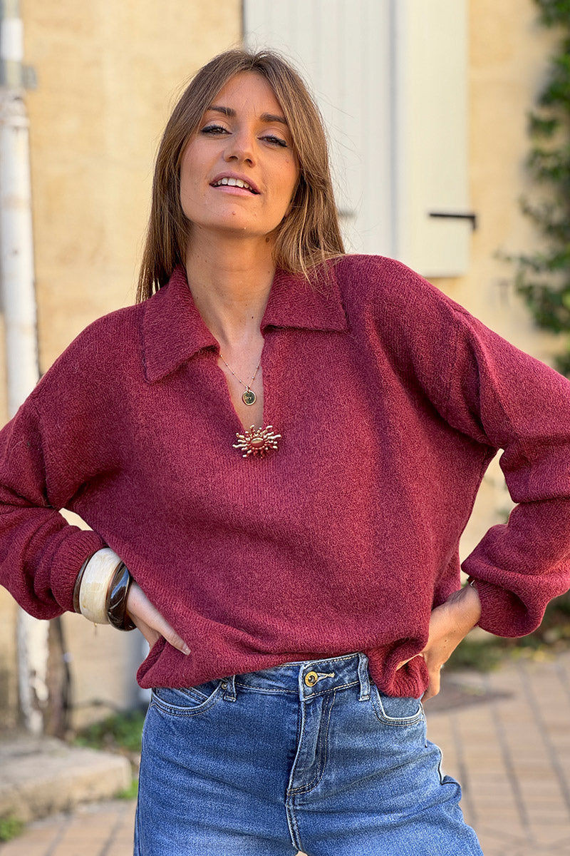 Burgundy Collared Fuzzy Knit Sweater with Sun Brooch