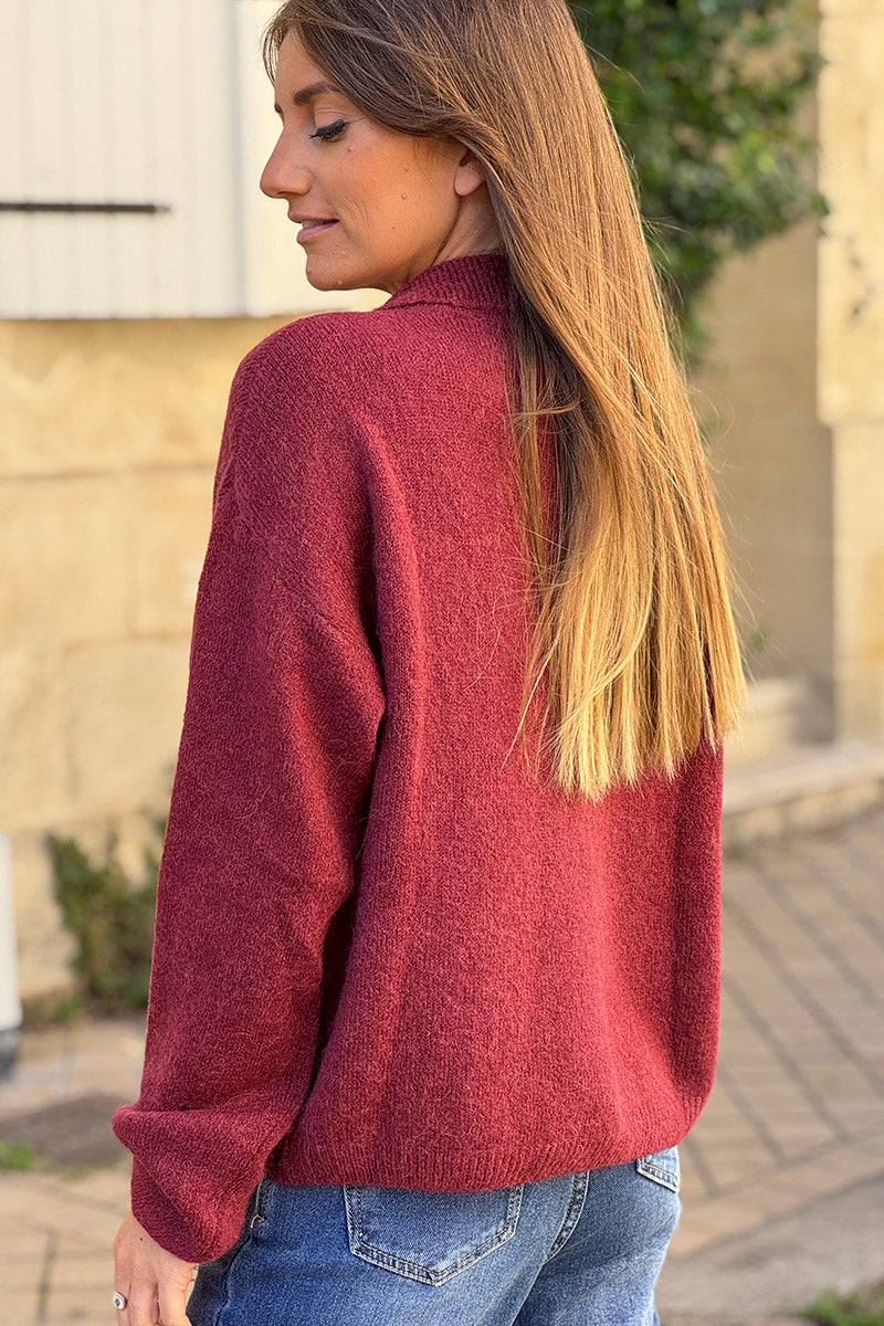 Burgundy Collared Fuzzy Knit Sweater with Sun Brooch
