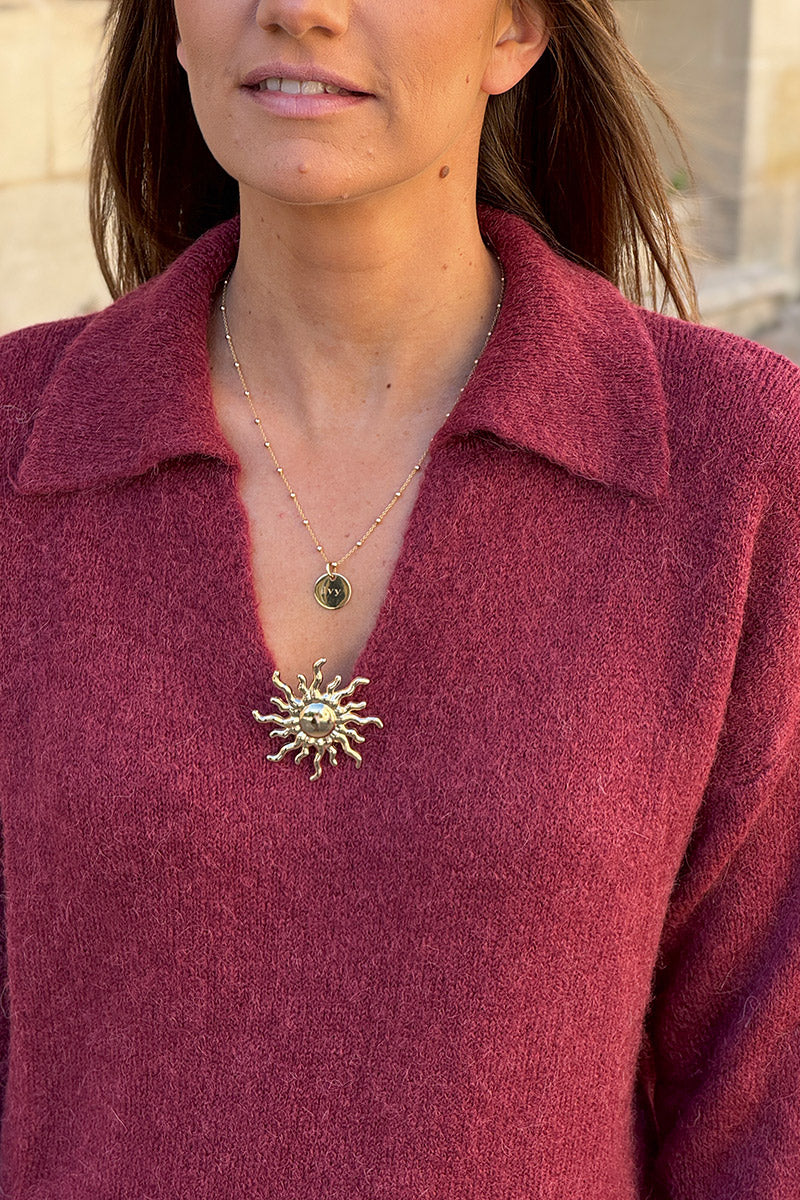 Burgundy Collared Fuzzy Knit Sweater with Sun Brooch