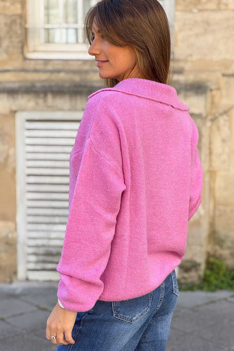 Pink Collared Fuzzy Knit Sweater with Sun Brooch