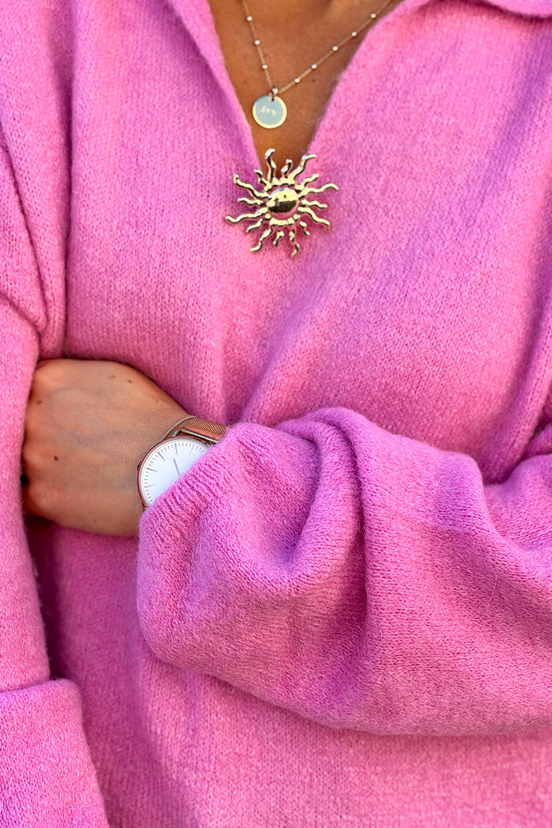 Pink Collared Fuzzy Knit Sweater with Sun Brooch