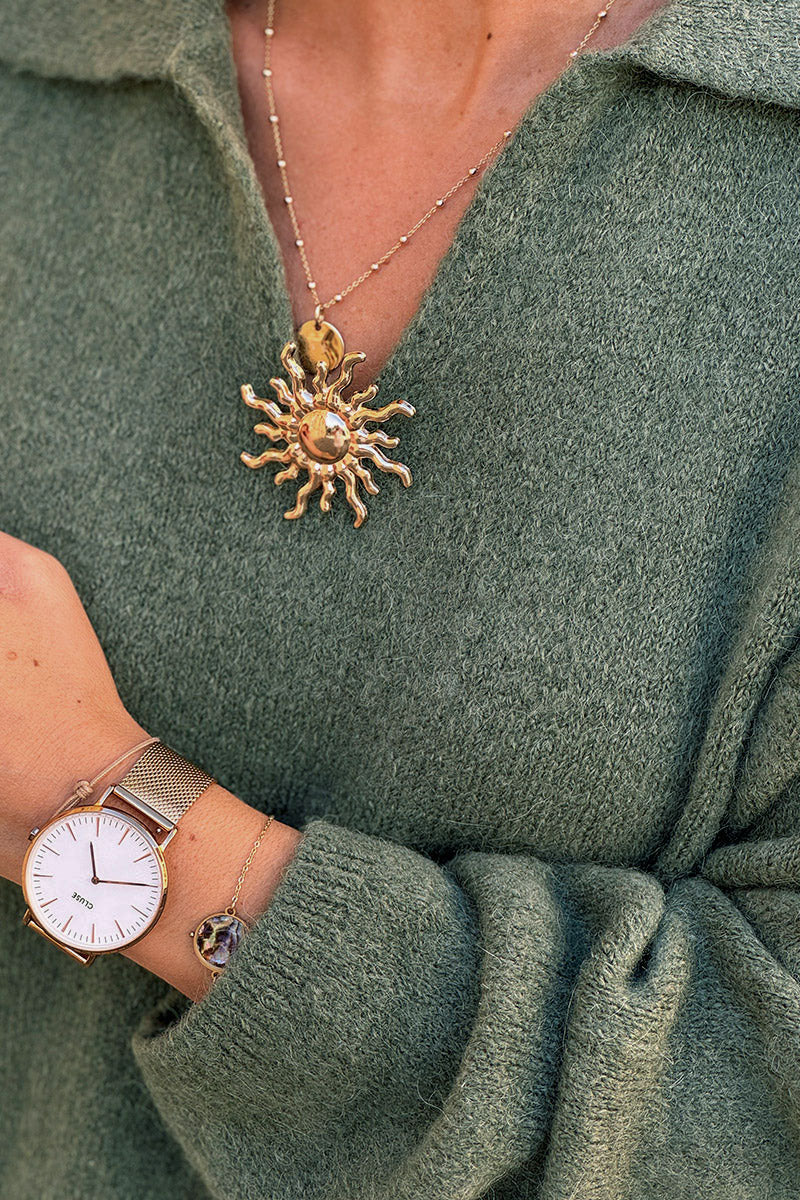 Olive Collared Fuzzy Knit Sweater with Sun Brooch